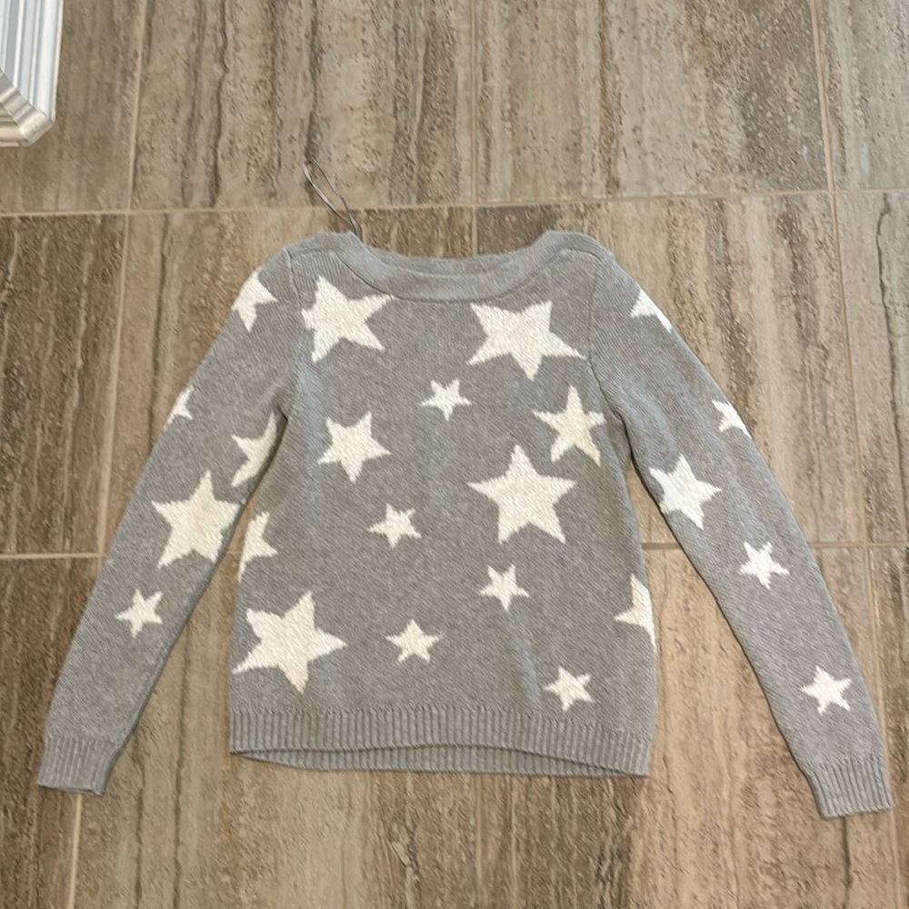 Marled Reunited Clothing Gray Star Print Knit Crewneck Sweater Size Medium